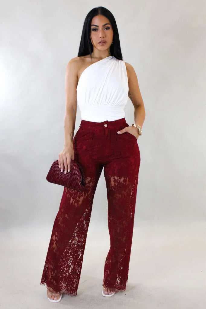 Luxe Sheer Lace Wide-Leg Pants - Wine
