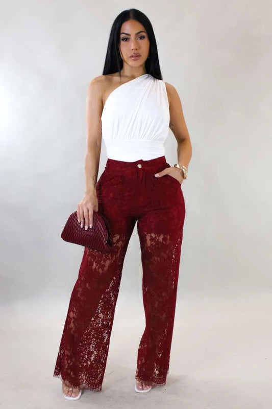 Luxe Sheer Lace Wide-Leg Pants - Wine