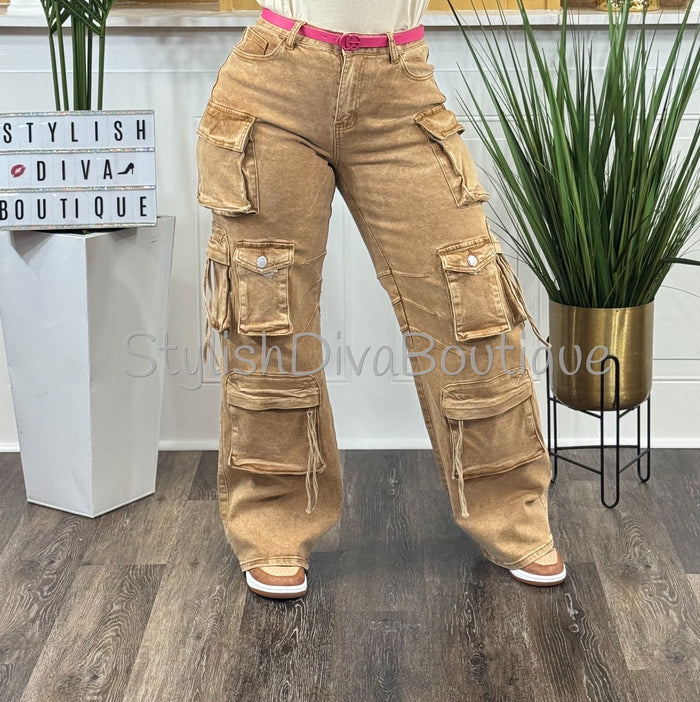 Main Character Acid Wash Cargo Jeans (Tan Wash)* PREORDER