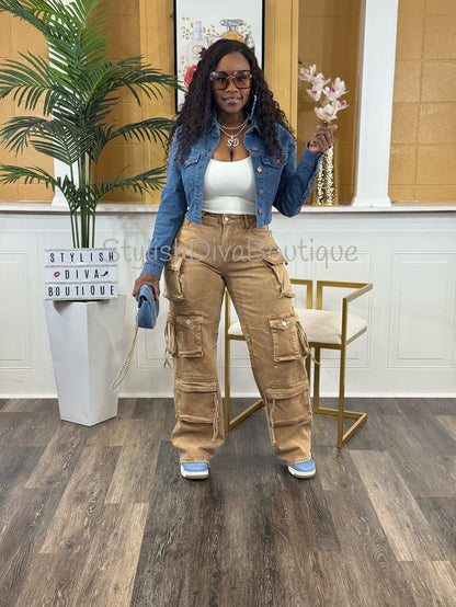 Main Character Acid Wash Cargo Jeans (Tan Wash)* PREORDER