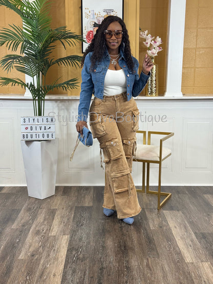 Main Character Acid Wash Cargo Jeans (Tan Wash)* PREORDER