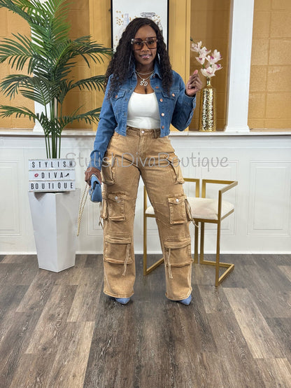 Main Character Acid Wash Cargo Jeans (Tan Wash)* PREORDER