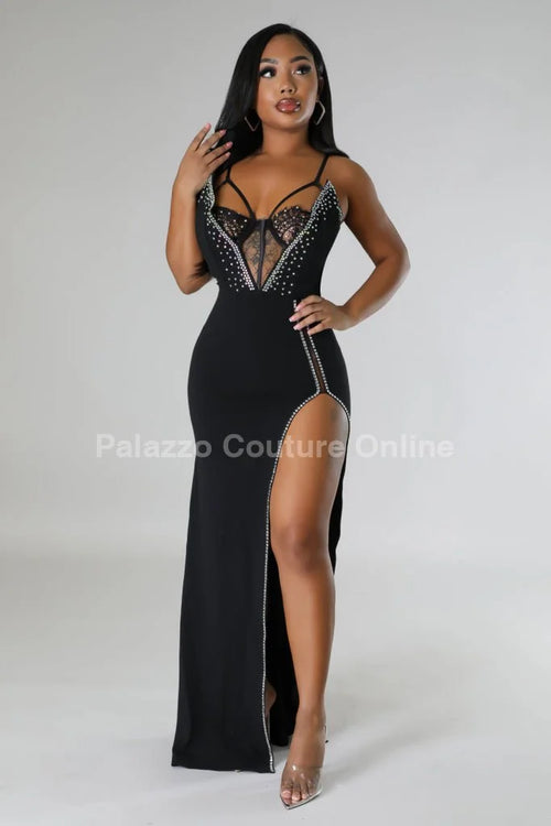 Marcia Glam Black Maxi Dress with Corset Style