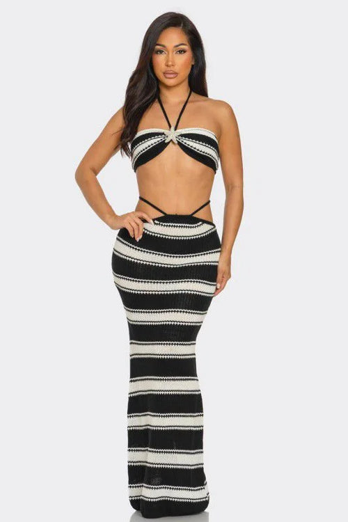 Marina Noir Striped Crochet Skirt Set – Black & Beige