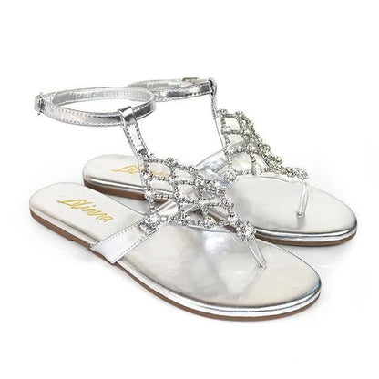 Marlo Rhinestone Faux Jeweled Flat Sandals -Silver