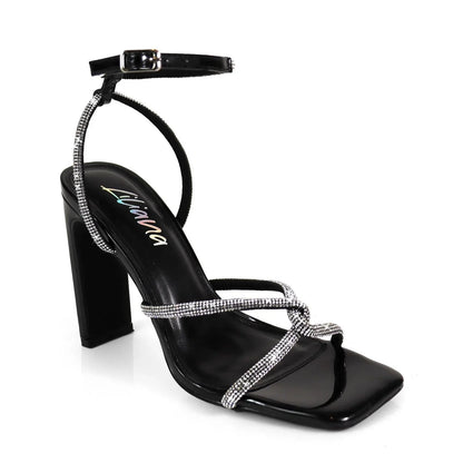 Mayan Luxe Black Block Heels with Rhinestone Straps