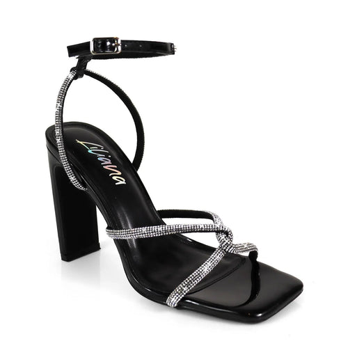 Mayan Luxe Black Block Heels with Rhinestone Straps
