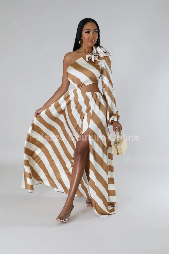 Meet Me In Dubai Gold Satin Dress with One Shoulder Design