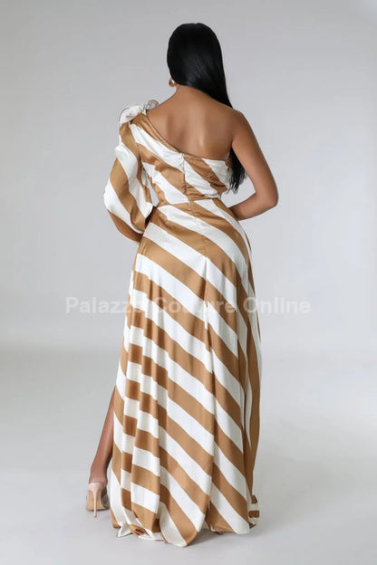 Meet Me In Dubai Gold Satin Dress with One Shoulder Design