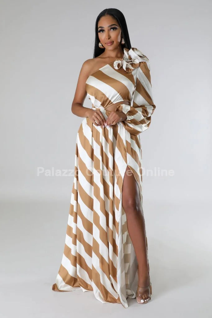 Meet Me In Dubai Gold Satin Dress with One Shoulder Design
