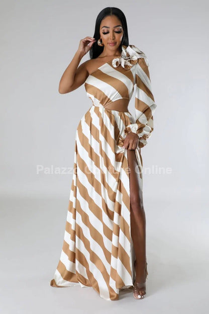 Meet Me In Dubai Gold Satin Dress with One Shoulder Design