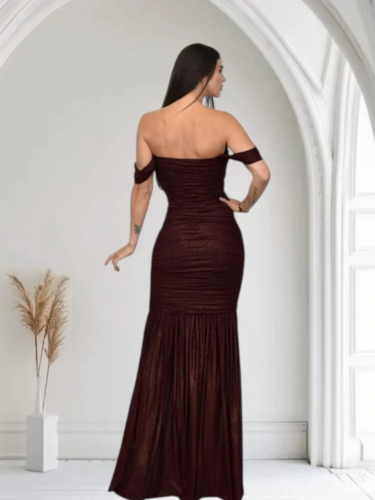 Metallic Gold Foil On Ruched Mesh Maxi Dress - Merlot