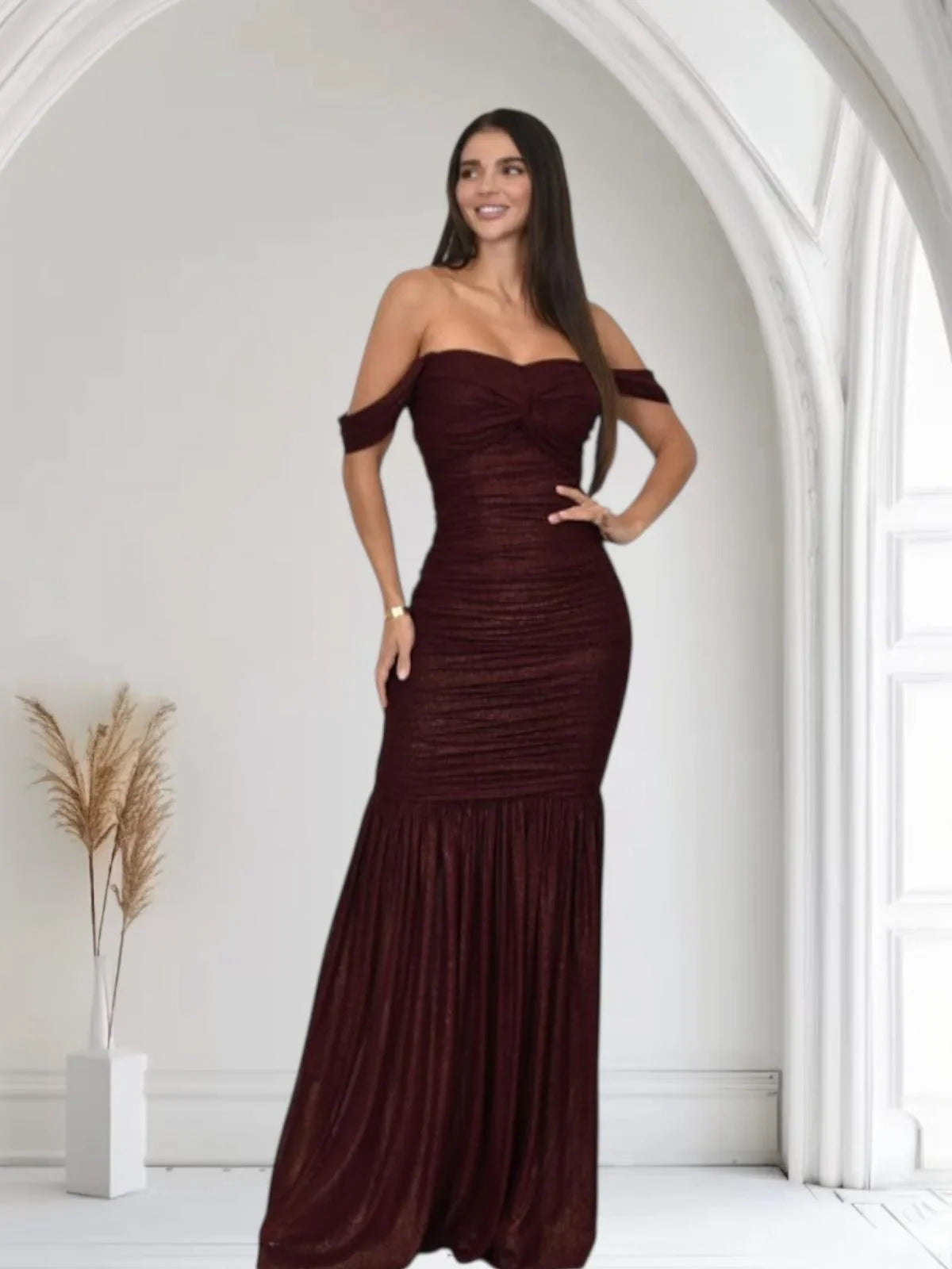 Metallic Gold Foil On Ruched Mesh Maxi Dress - Merlot