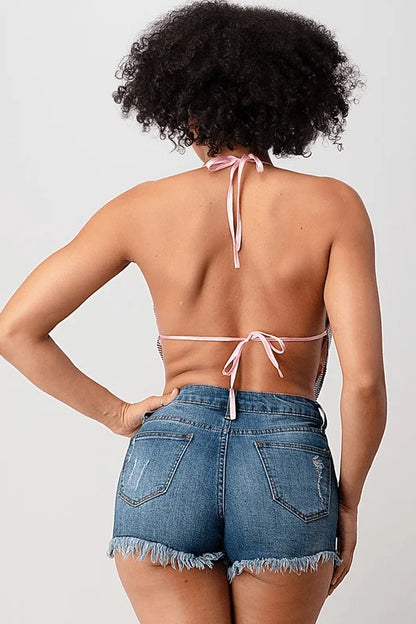 Metallic Rhinestone Backless Cowl Pink Silver Crop Top