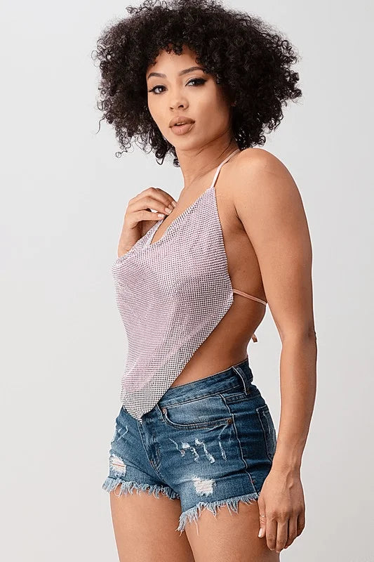 Metallic Rhinestone Backless Cowl Pink Silver Crop Top