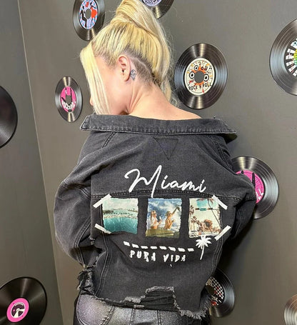 Miami Pura Vida Crop Jacket (Black Denim)