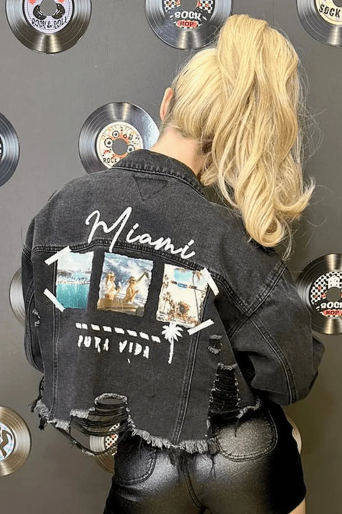 Miami Pura Vida Crop Jacket (Black Denim)