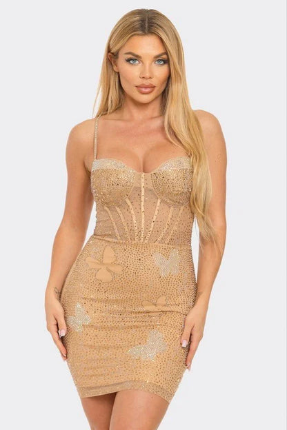 Midnight Butterfly Nude Mini Dress with Rhinestones