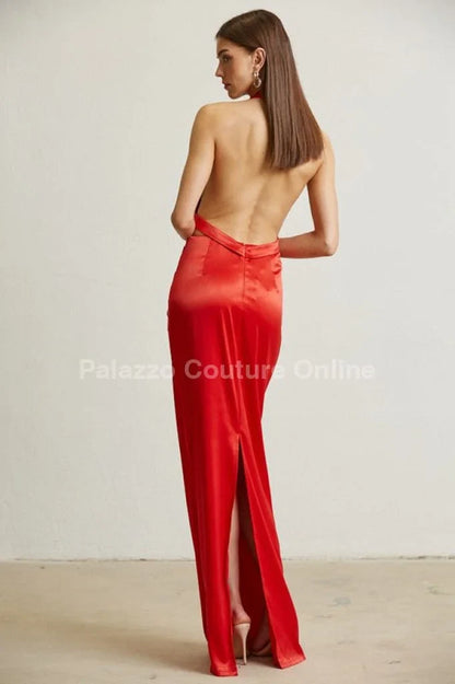 Midnight Elegance Red Satin Dress – Pleated Maxi Gown