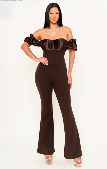 Midnight Muse Off-Shoulder Corset Jumpsuit - Chocolate
