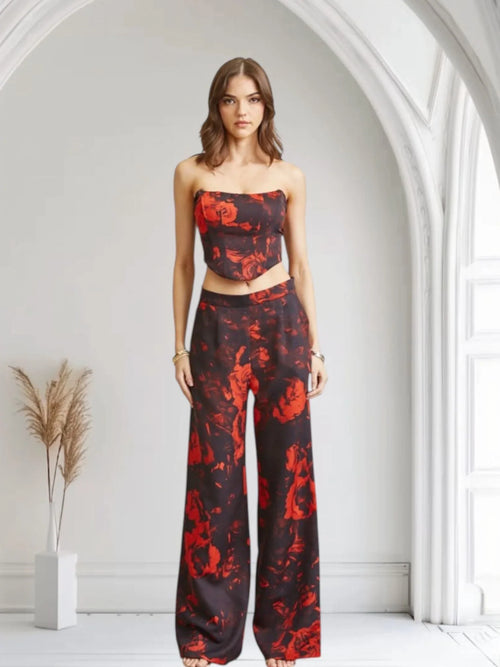 Midnight Rose Corset Pant Set - BlackRed