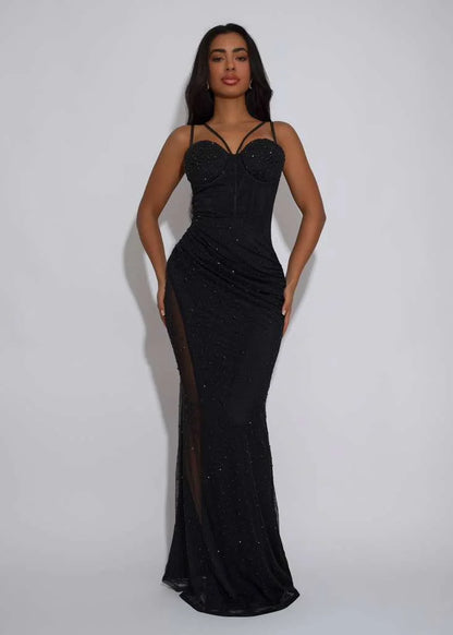 Midnight Stardust Rhinestone High-Slit Maxi Dress- Black