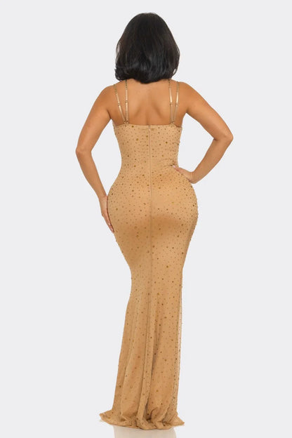 Midnight Stardust Rhinestone High-Slit Maxi Dress- Nude