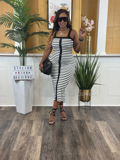 Milan Striped Midi Dress (White/Black)