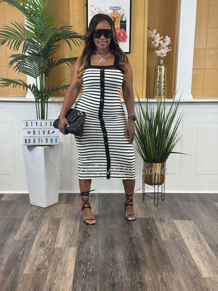 Milan Striped Midi Dress (White/Black)