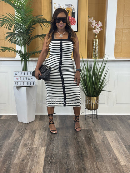 Milan Striped Midi Dress (White/Black)