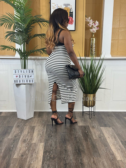 Milan Striped Midi Dress (White/Black)