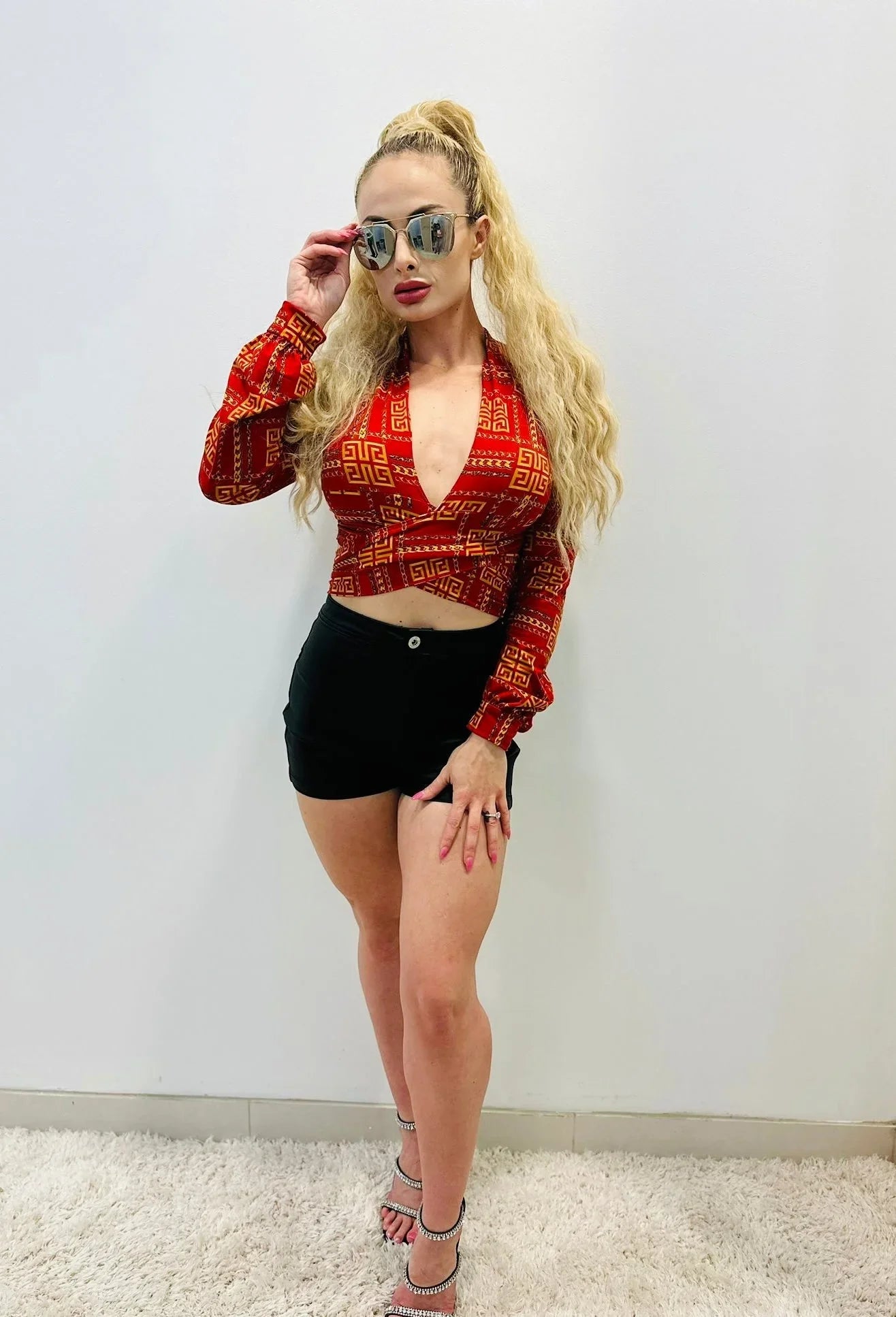 Milan Red Crop Top with Wrap Front and Long Sleeves