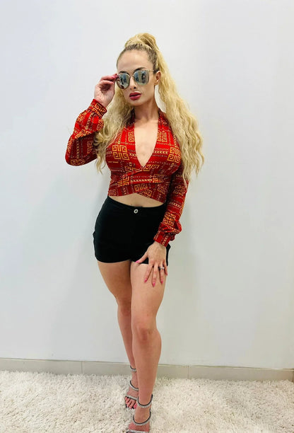 Milan Red Crop Top with Wrap Front and Long Sleeves