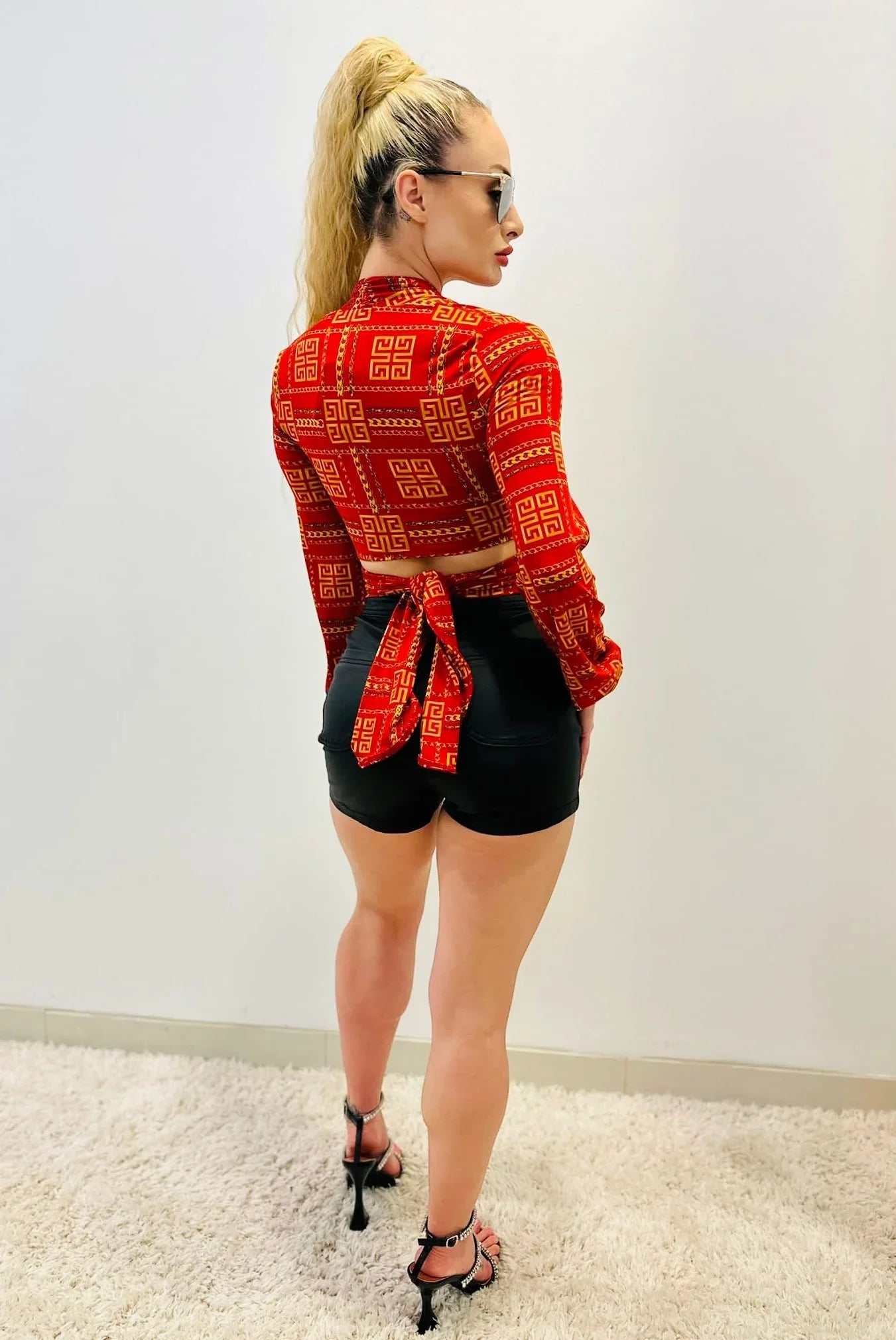 Milan Red Crop Top with Wrap Front and Long Sleeves