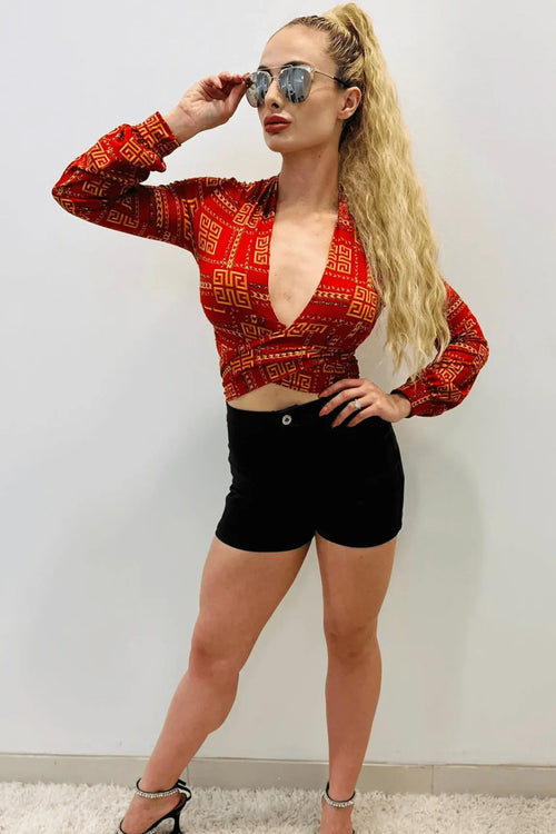 Milan Red Crop Top with Wrap Front and Long Sleeves