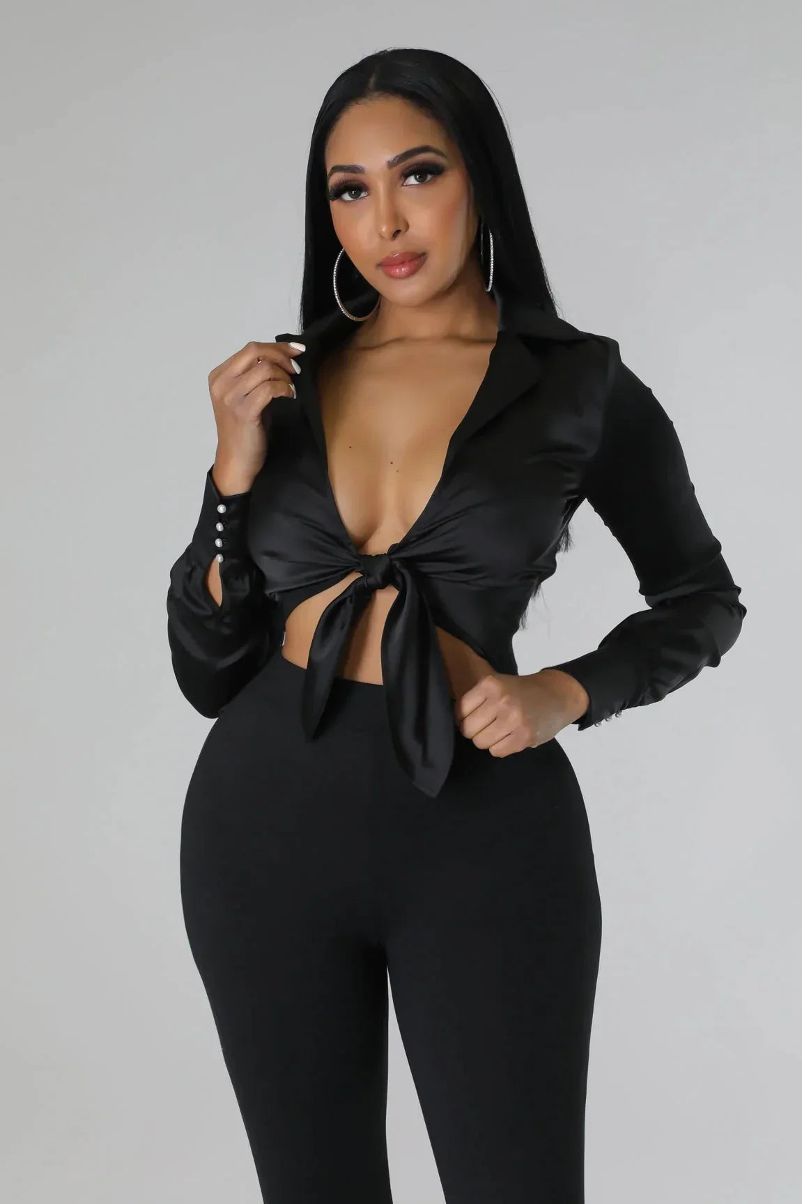 Monaco Black Silk Blouse with Pearl Detail Tie Front