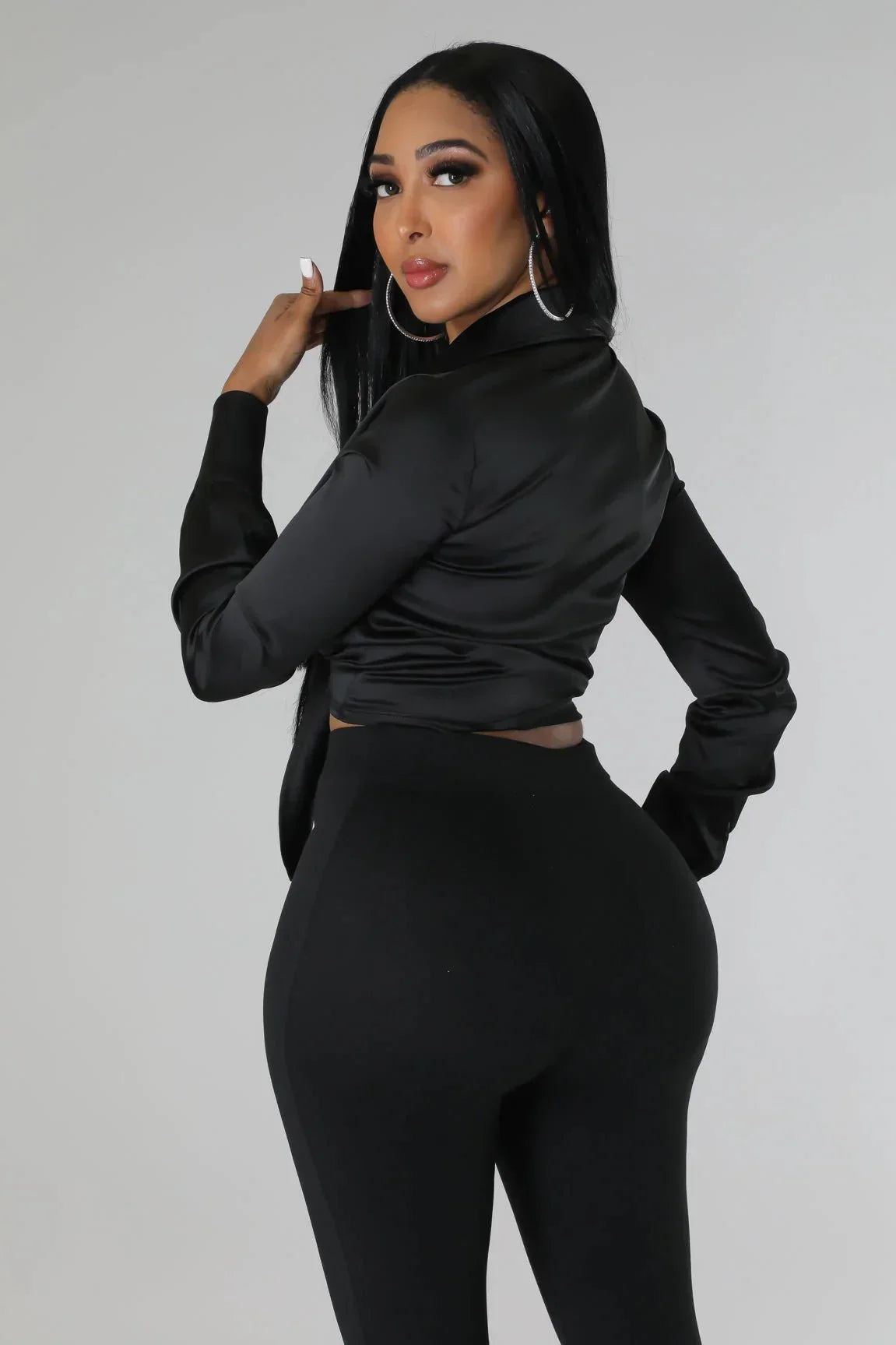 Monaco Black Silk Blouse with Pearl Detail Tie Front
