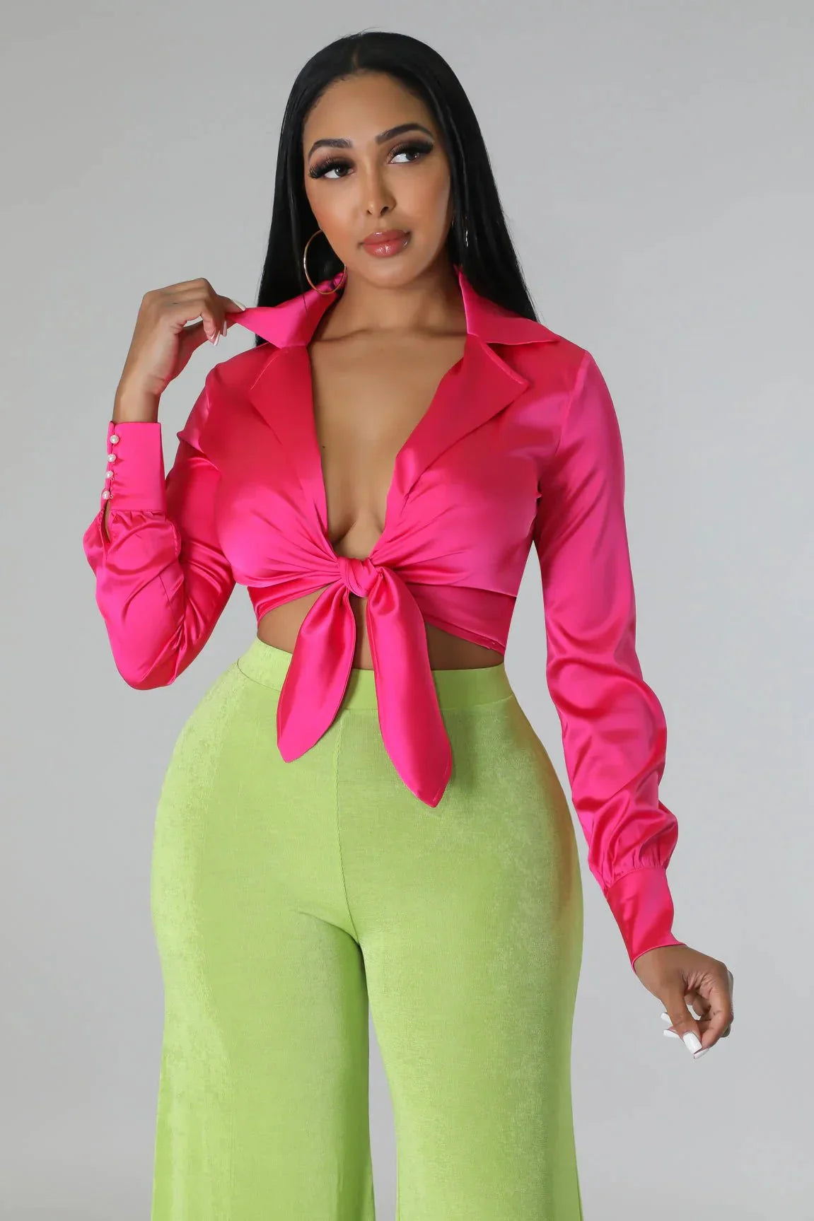 Monaco Silk Fuchsia Blouse – Satin Tie-Front Crop Top