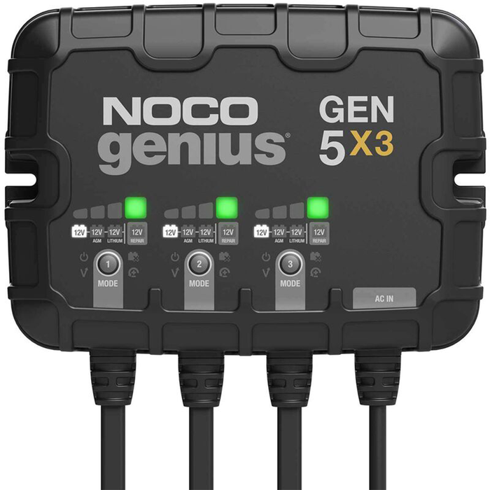NOCO Genius On-Board Chargers device in black with multiple indicator lights and buttons, designed for charging and maintaining various types of 12V batteries including lithium and AGM.
