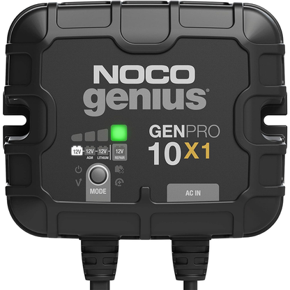 Black compact NOCO Genius On-Board Chargers GENPRO 10X1 unit with LED indicator lights, mode button, and two attached cables, designed for 12V AGM, lithium, and repair battery charging.