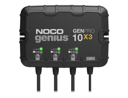 NOCO Genius On-Board Chargers featuring a rugged black design with multiple charging ports and LED indicators, ideal for marine electronics and fishing tackle power management.