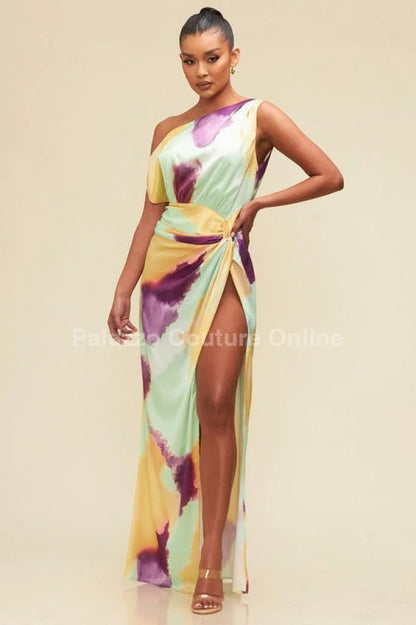 Obsessed One Shoulder Drape Maxi Dress ( Orange/Mint)