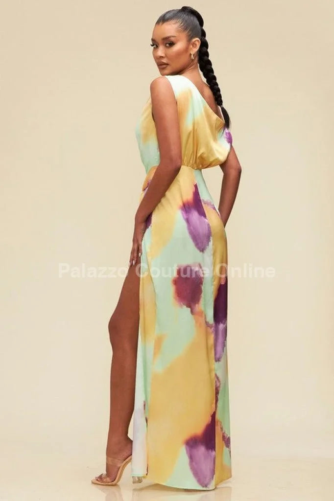 Obsessed One Shoulder Drape Maxi Dress ( Orange/Mint)