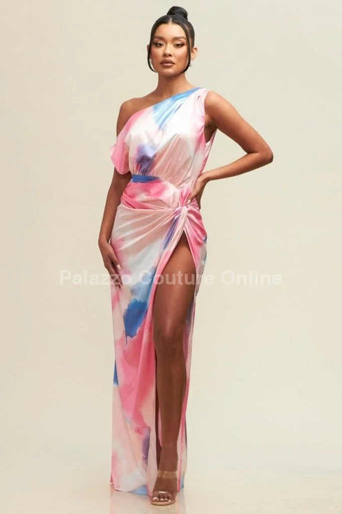 Obsessed One Shoulder Drape Maxi Dress (Pink/Blue)