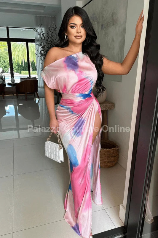 Obsessed One Shoulder Drape Maxi Dress (Pink/Blue)