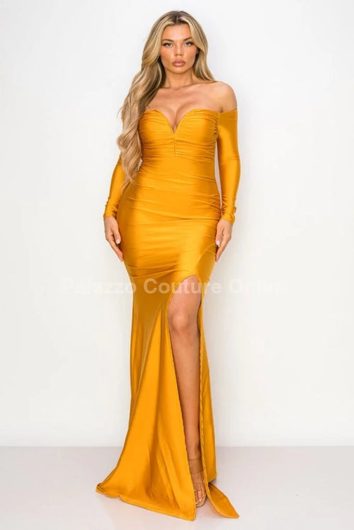 Off shoulder Long Sleeve Wire Bra Sweetheart Maxi Dress (Mustard)