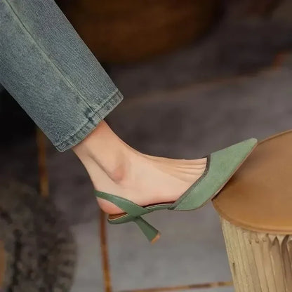Olive And Black Slingback Kitten Heel Pumps