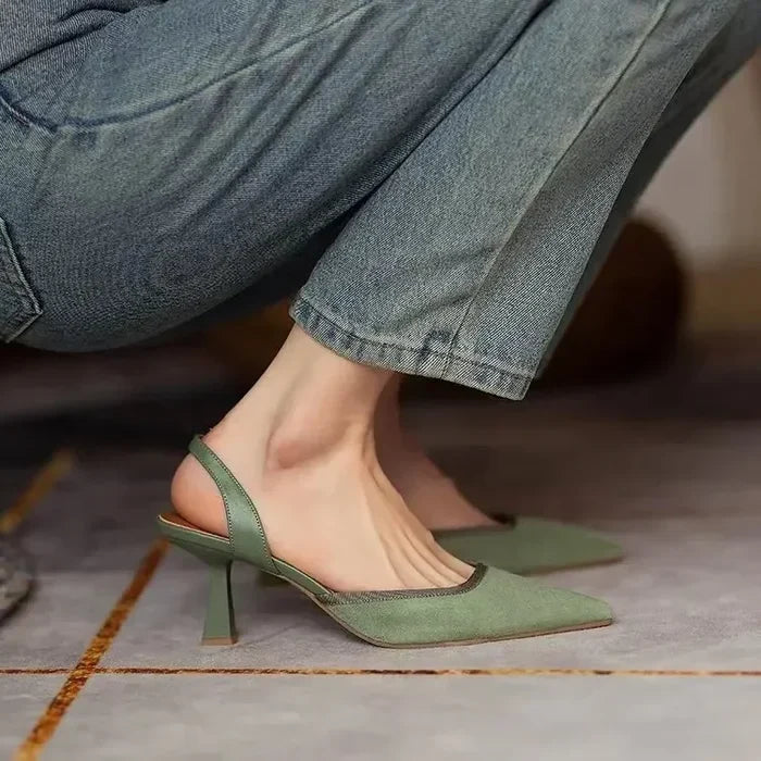 Olive And Black Slingback Kitten Heel Pumps