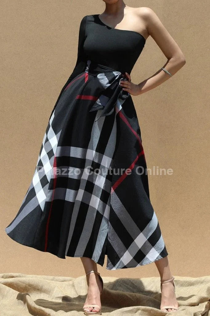 One Shoulder Plaid Skirt Maxi Dress With Tie ( Black)