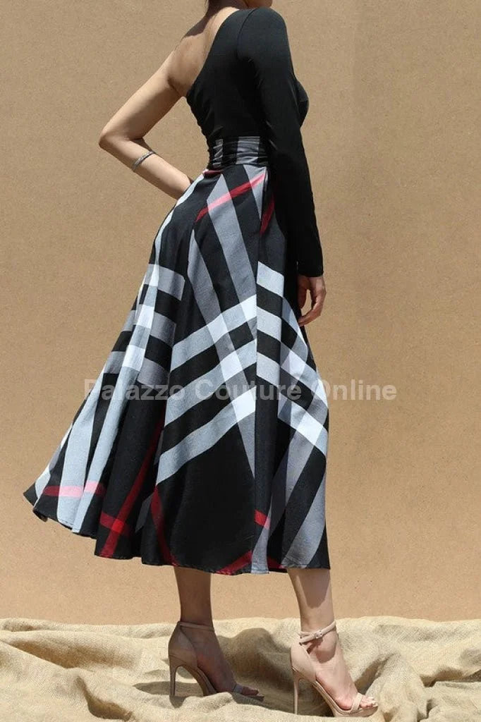 One Shoulder Plaid Skirt Maxi Dress With Tie ( Black)